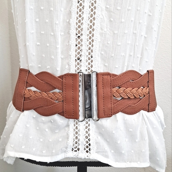 Boho Wide brown Faux leather Western festival Braided elastic corset Waist belt - Picture 1 of 9